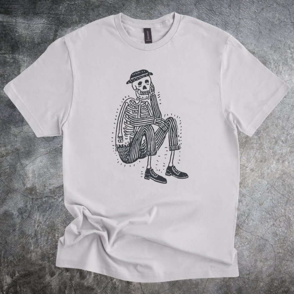Skeleton Man Shirt Tshirt Retro Line Art Illustration Sitting Graphic Gray